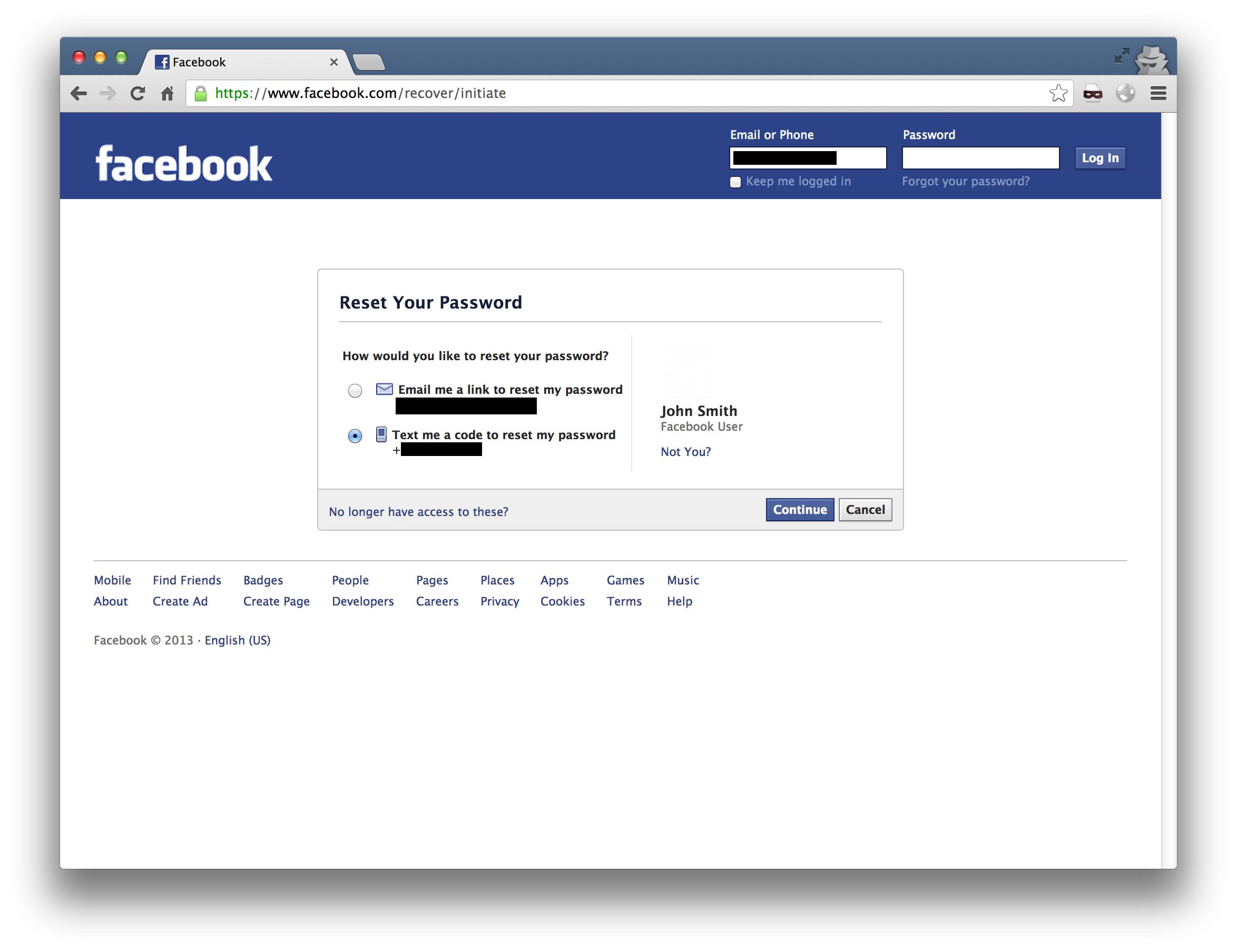 Phone facebook number with login or Help Center